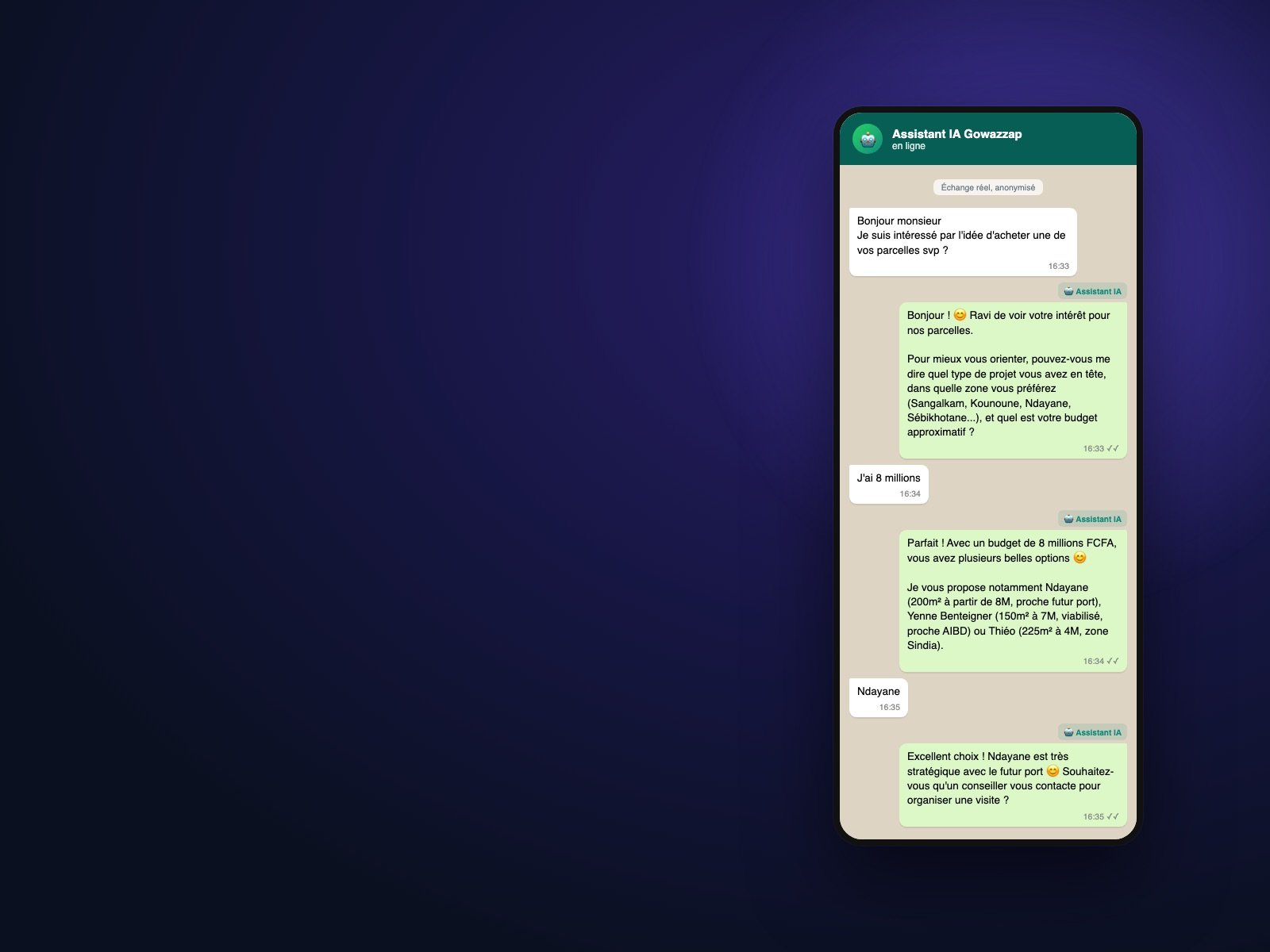 Échange WhatsApp réel, anonymisé, entre un prospect et l'assistant IA Gowazzap qualifiant une demande