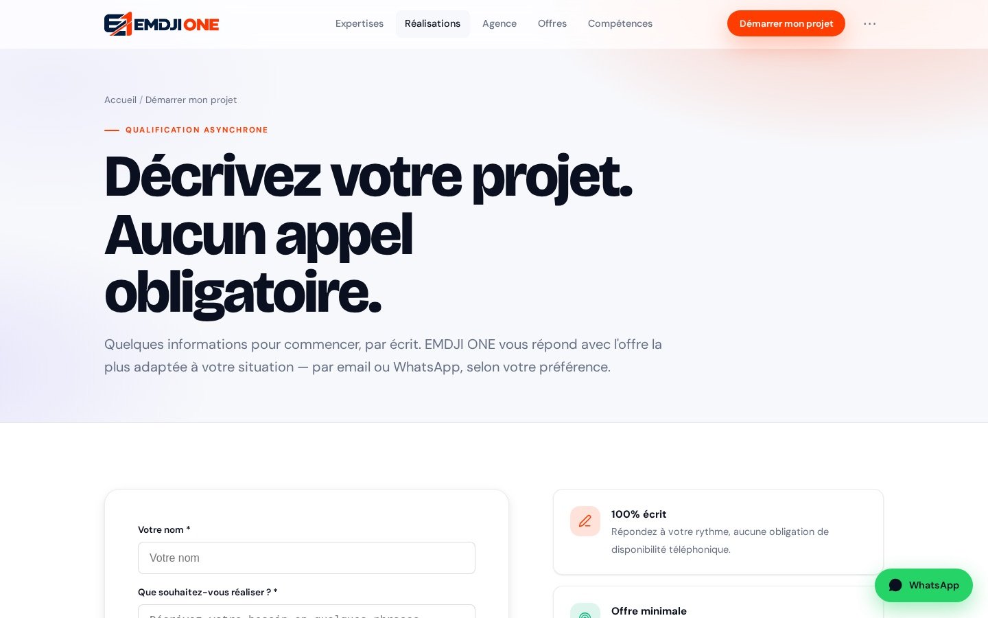 Site EMDJI ONE — Formulaire de démarrage par écrit