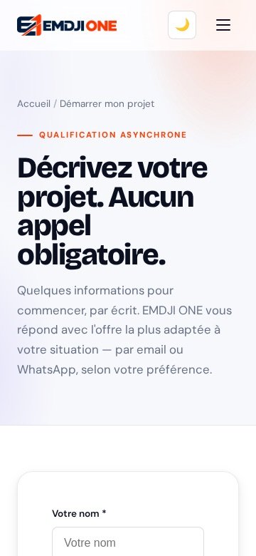 Site EMDJI ONE — Démarrage sur mobile