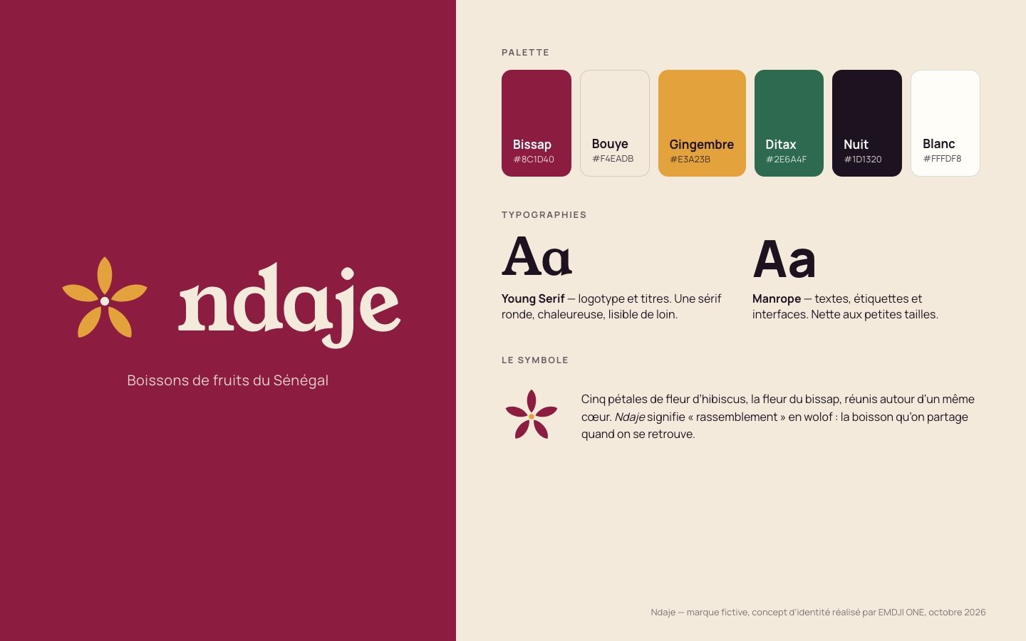 Ndaje — Identité : logo, palette, typographies et symbole