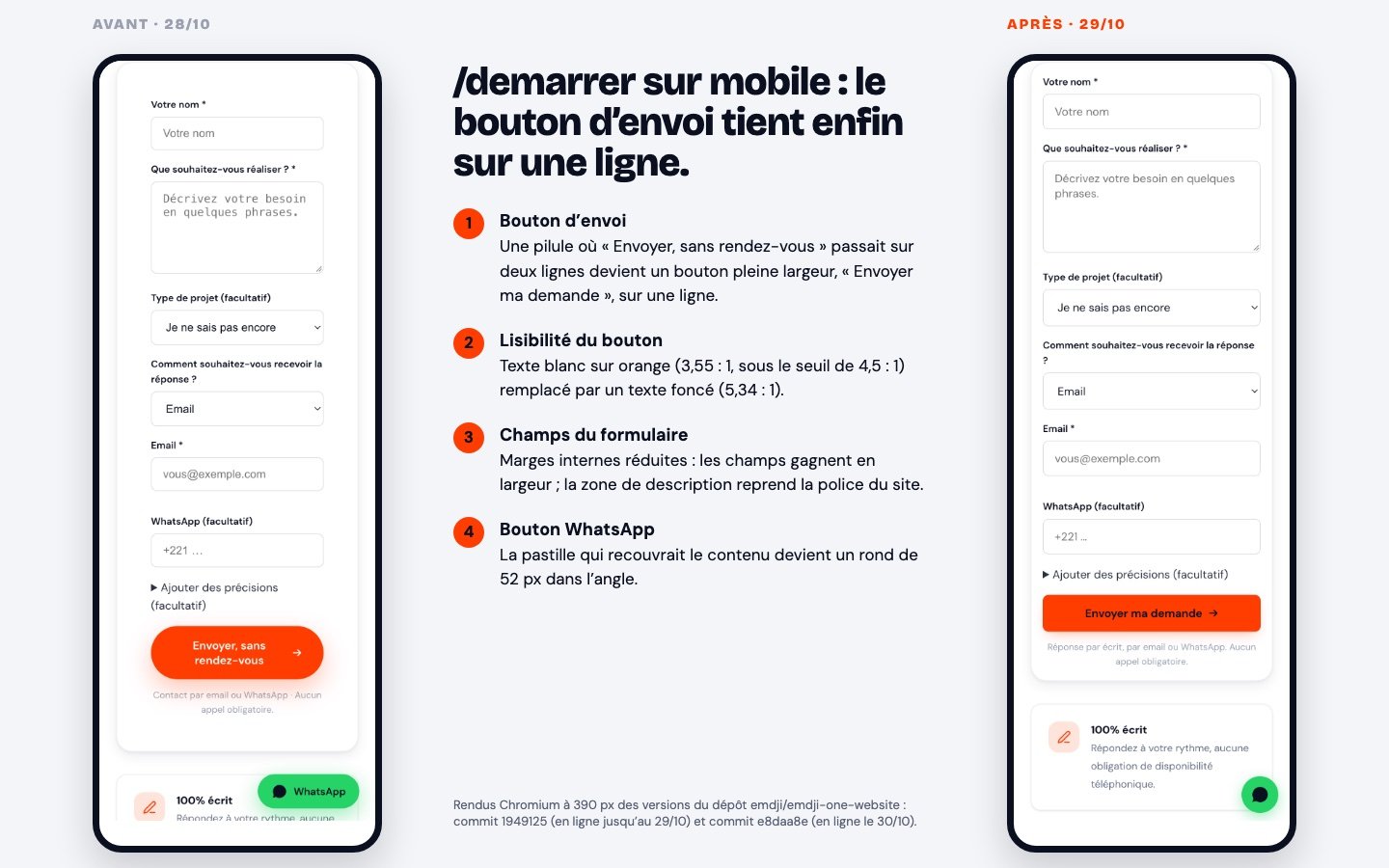 Intervention boutons et formulaire — Formulaire /demarrer sur mobile : avant et après