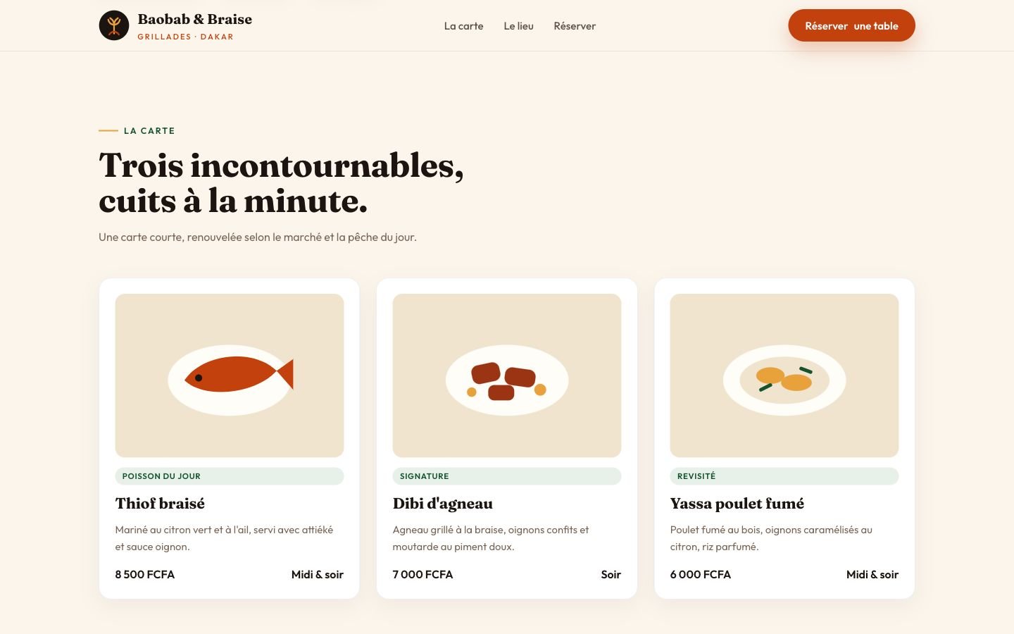 Baobab & Braise — La carte