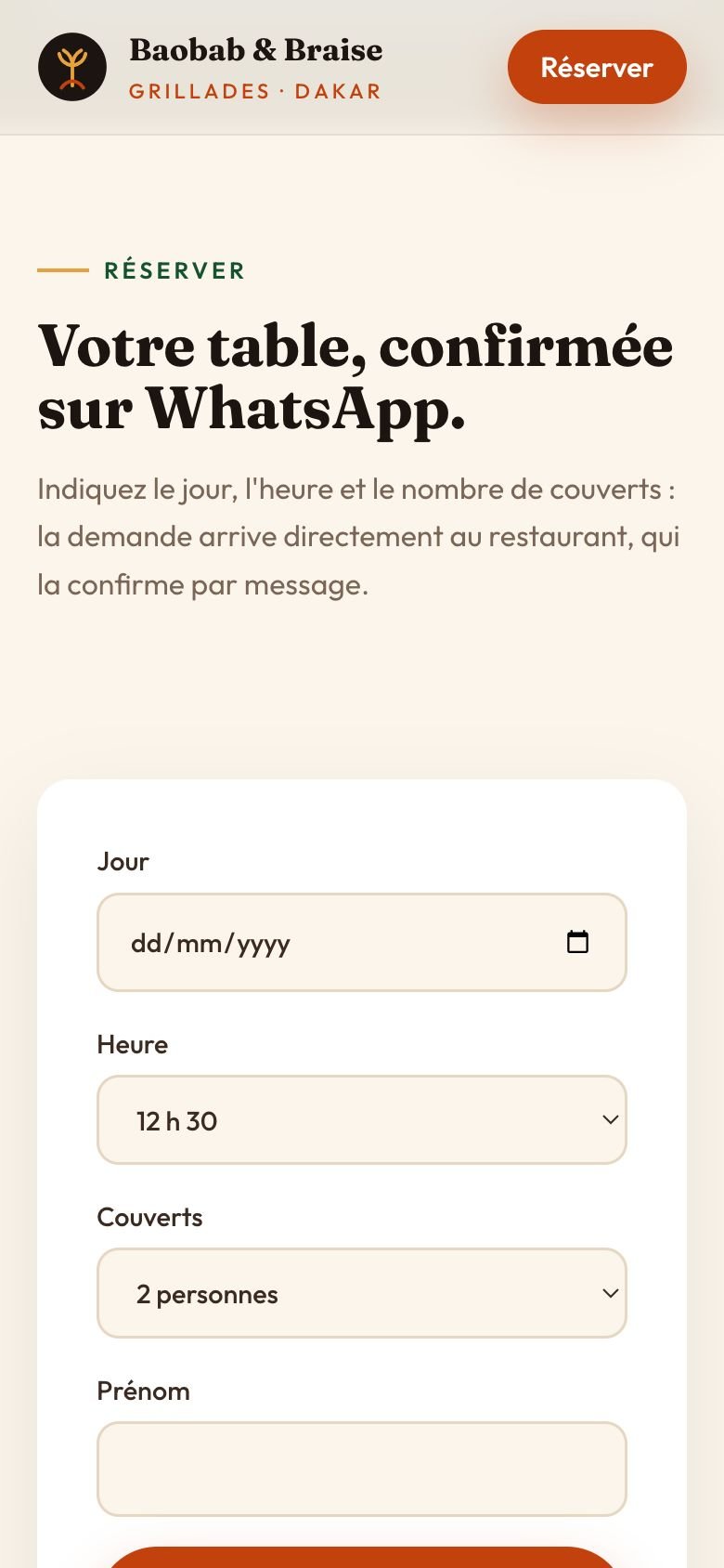 Baobab & Braise — Réservation sur mobile